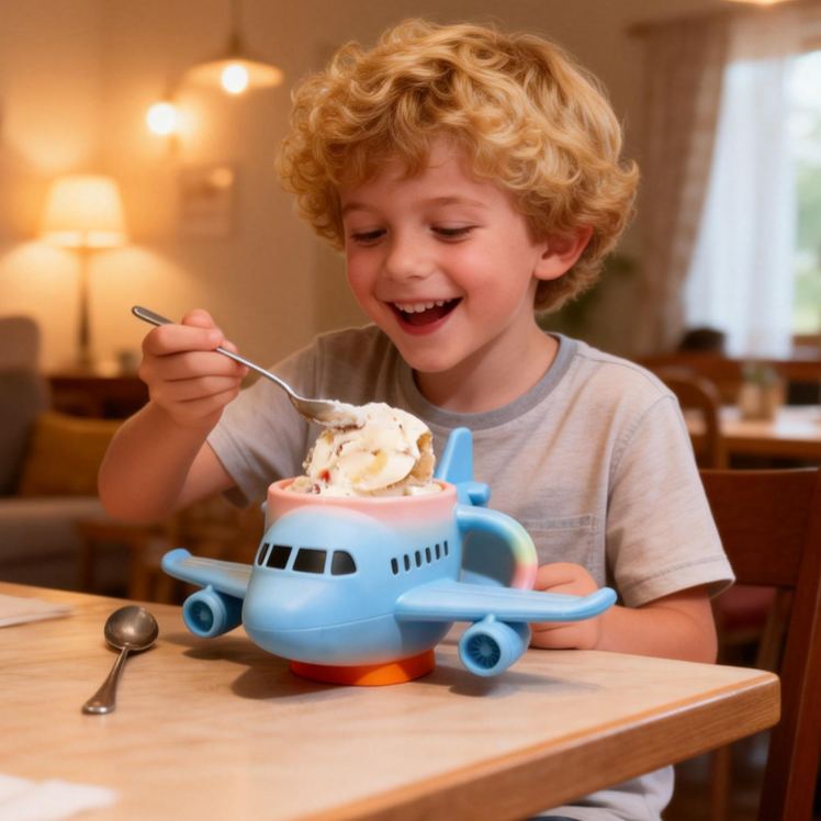 Personalized Airplane Theme Custom Name Cute Blue Plane Shape Ice Cream Holder 3D Printed Cozy with Spoon Slot