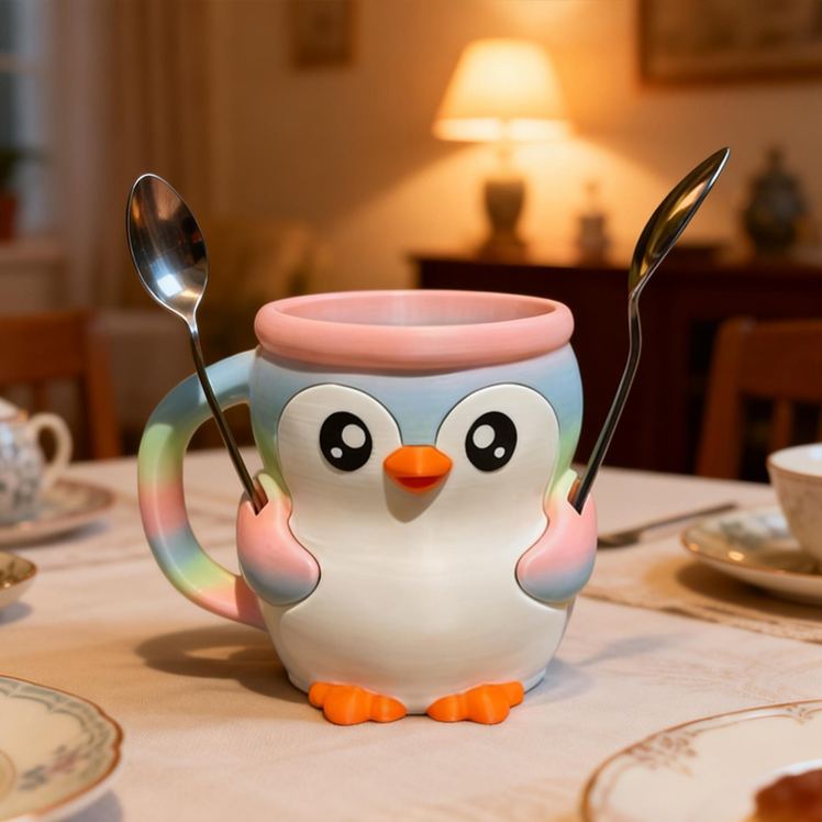 Personalized Cartoon Theme Custom Name Adorable Pink Penguin Dessert Cup Stand 3D Printed Cozy with Spoon Slot