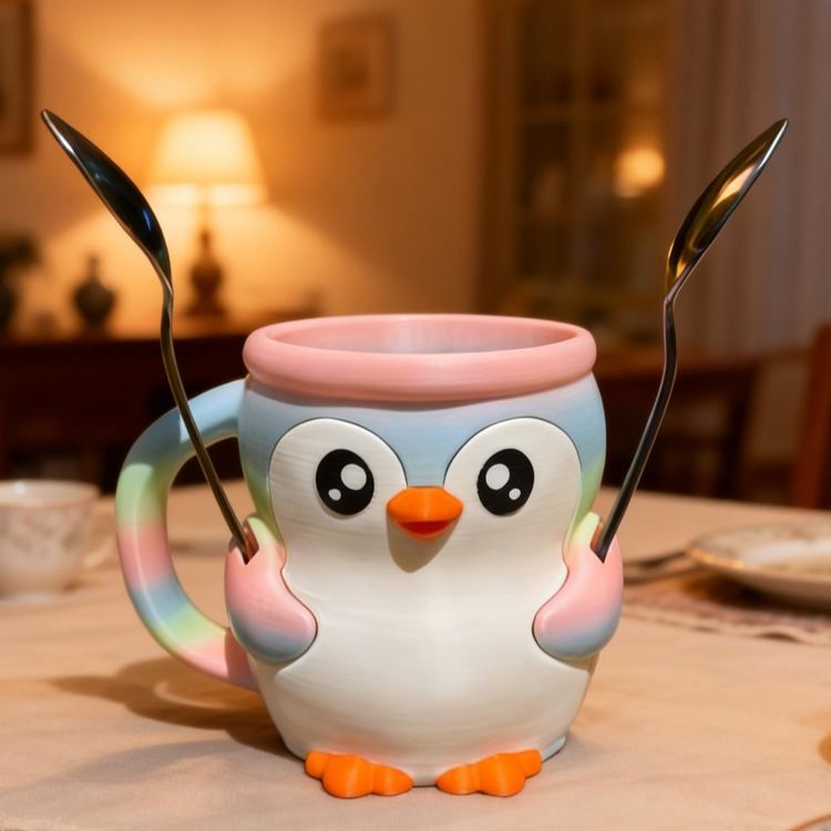 Personalized Cartoon Theme Custom Name Adorable Pink Penguin Dessert Cup Stand 3D Printed Cozy with Spoon Slot