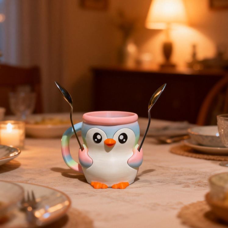 Personalized Cartoon Theme Custom Name Adorable Pink Penguin Dessert Cup Stand 3D Printed Cozy with Spoon Slot