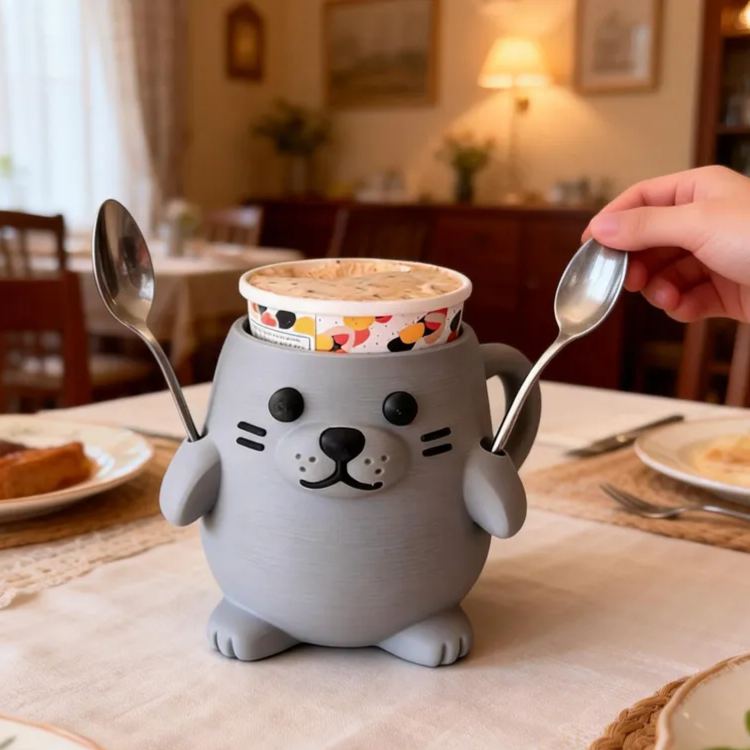 Personalized Animal Theme Custom Name Cute Seal Shape Ice Cream Holder Fun Kitchen 3D Printed Cozy with Spoon Slot