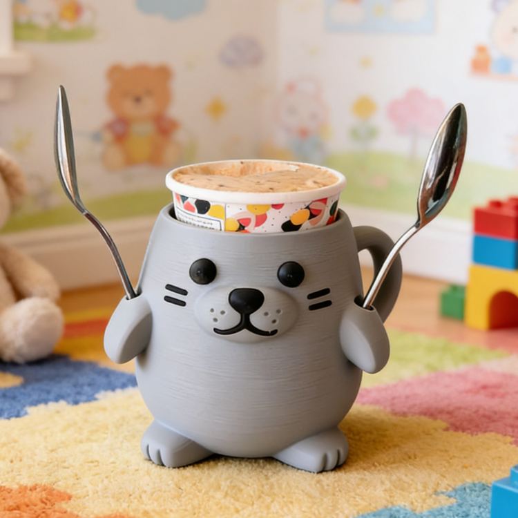 Personalized Animal Theme Custom Name Cute Seal Shape Ice Cream Holder Fun Kitchen 3D Printed Cozy with Spoon Slot