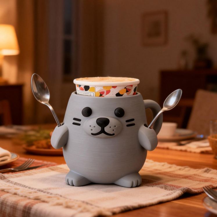 Personalized Animal Theme Custom Name Cute Seal Shape Ice Cream Holder Fun Kitchen 3D Printed Cozy with Spoon Slot