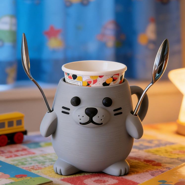 Personalized Animal Theme Custom Name Cute Seal Shape Ice Cream Holder Fun Kitchen 3D Printed Cozy with Spoon Slot