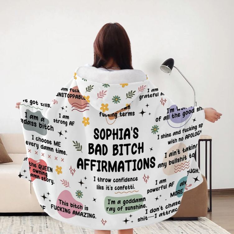 Personalized Bad Bitch Affirmations Rebellion Description Soft Hooded Blanket with Name Inspiring Birthday Gift for Women