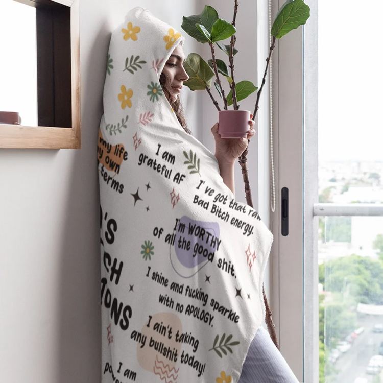 Personalized Bad Bitch Affirmations Rebellion Description Soft Hooded Blanket with Name Inspiring Birthday Gift for Women
