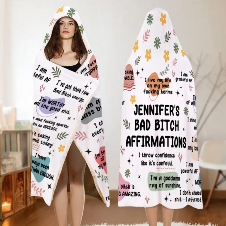 Personalized Bad Bitch Affirmations Rebellion Description Soft Hooded Blanket with Name Inspiring Birthday Gift for Women