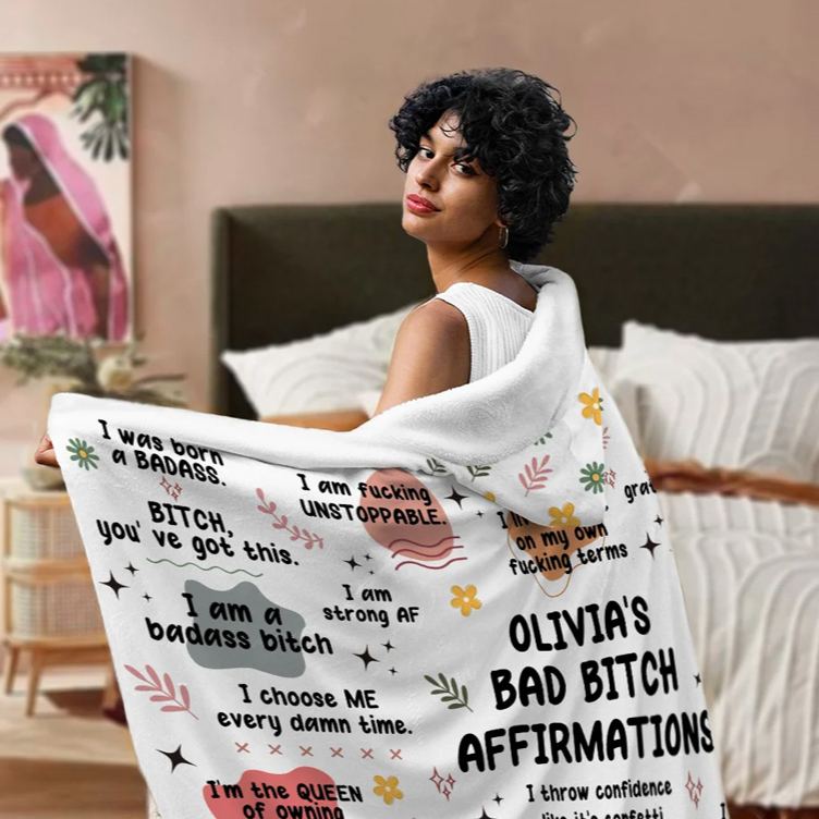 Personalized Bad Bitch Affirmations Rebellion Description Soft Hooded Blanket with Name Inspiring Birthday Gift for Women