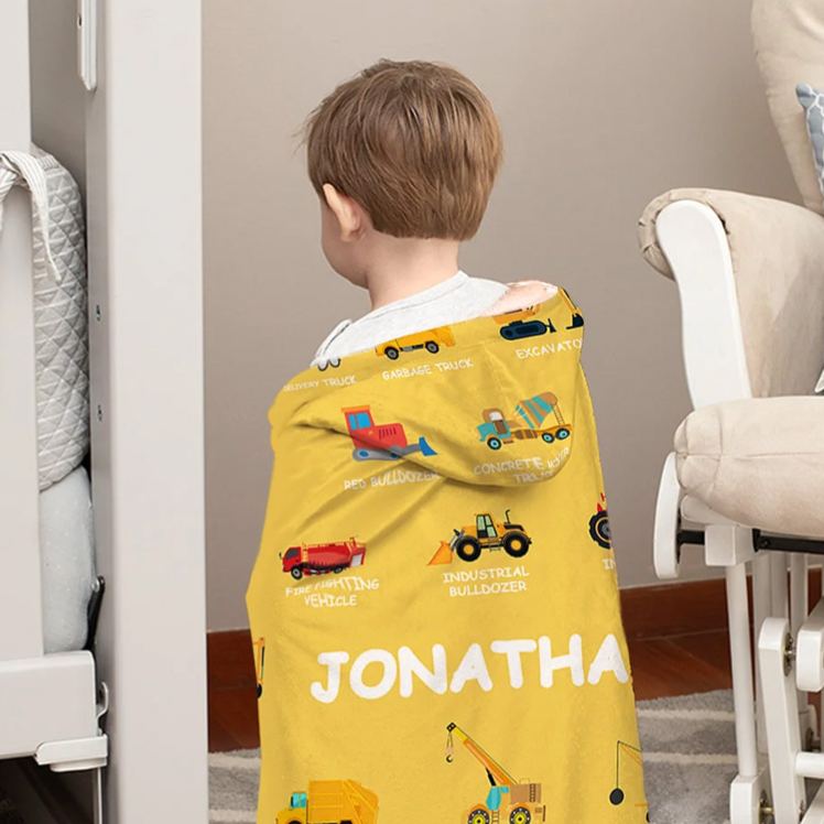 Personalized Construction Truck Baby Hooded Blanket with Name Soft and Warm Christmas Birthday Gift for Kids