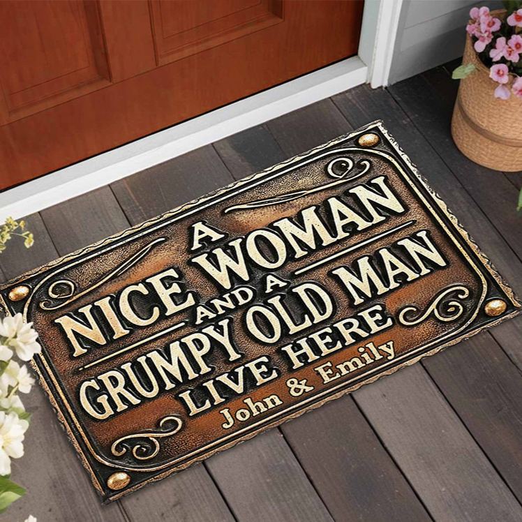 Personalized A Nice Woman And A Grumpy Old Man Live Here Vintage Design Custom Doormat Gift For Homeowners And Couples