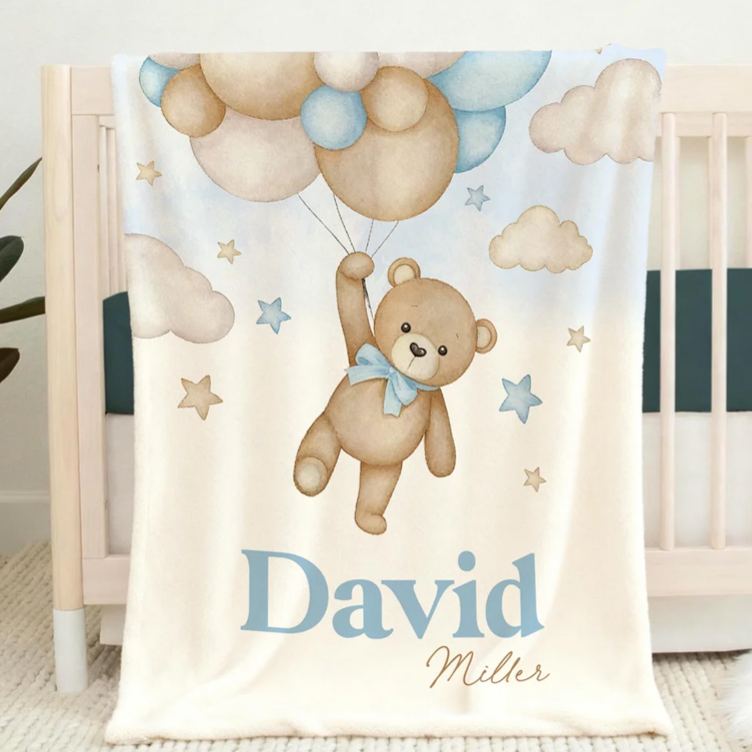 Personalized Bear Balloon Soft Throw Blanket with Name Home Decor Birthday Baby Shower Gift for Newborns Kids