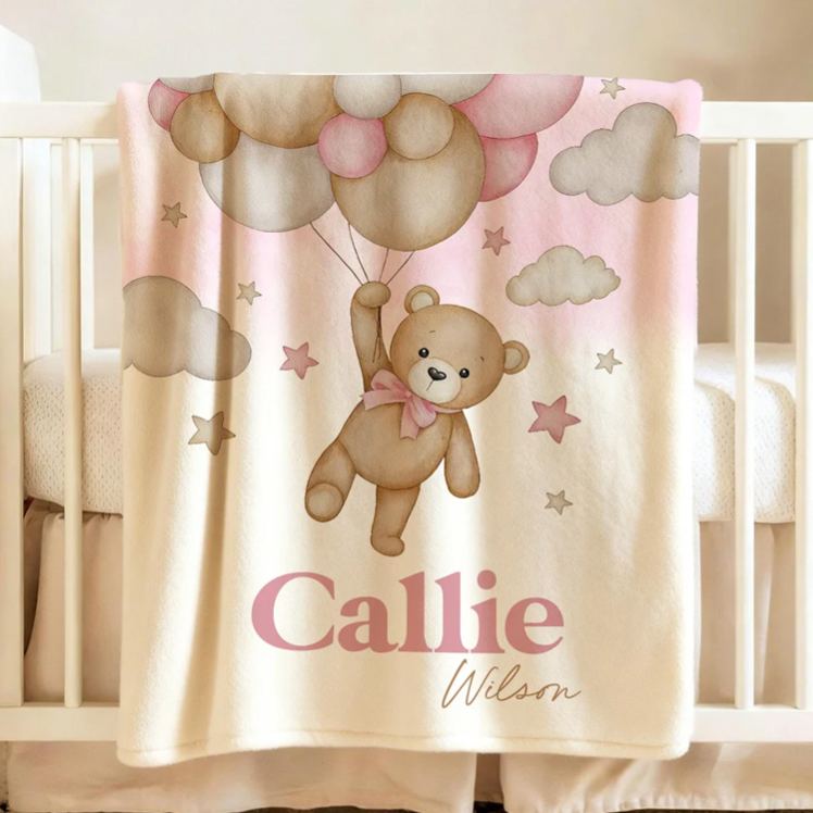 Personalized Bear Balloon Soft Throw Blanket with Name Home Decor Birthday Baby Shower Gift for Newborns Kids