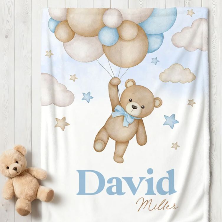 Personalized Bear Balloon Soft Throw Blanket with Name Home Decor Birthday Baby Shower Gift for Newborns Kids