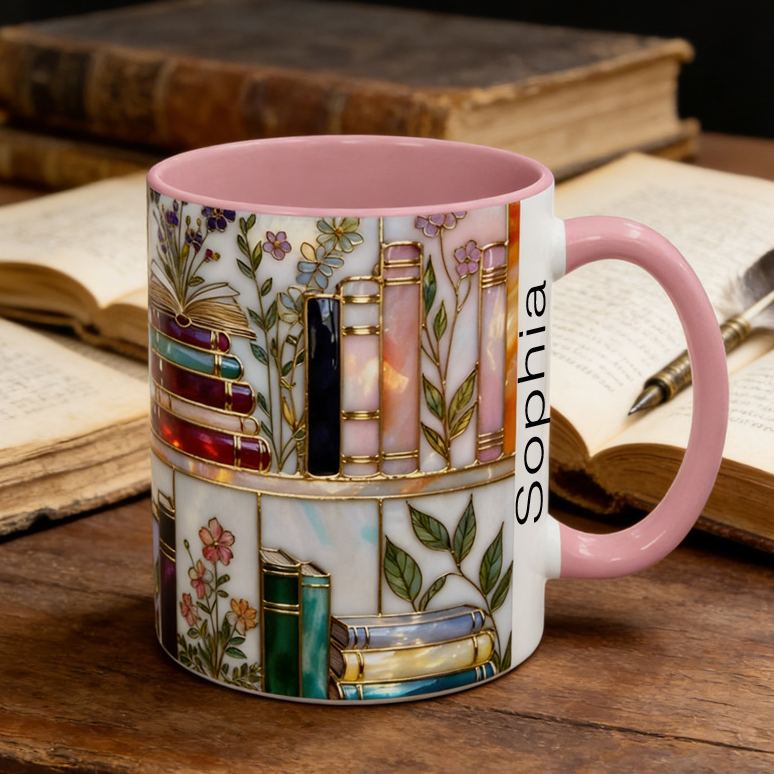 Personalized Stained-Glass Style Floral Bookshelf Mug Custom Book Accent Mug with Name Bookworm Coffee Cup for Reader Book Lover Librarian Gift