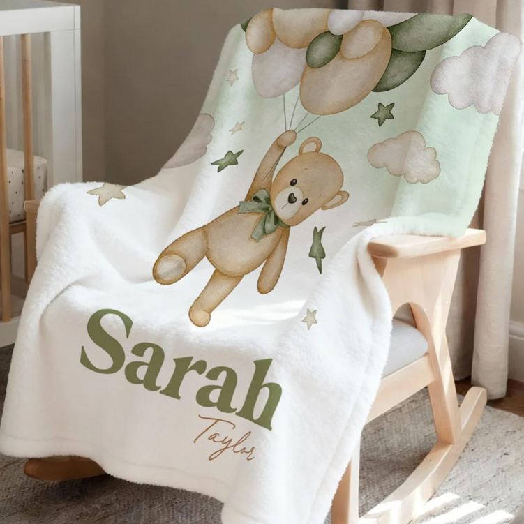 Personalized Bear Balloon Soft Throw Blanket with Name Home Decor Birthday Baby Shower Gift for Newborns Kids