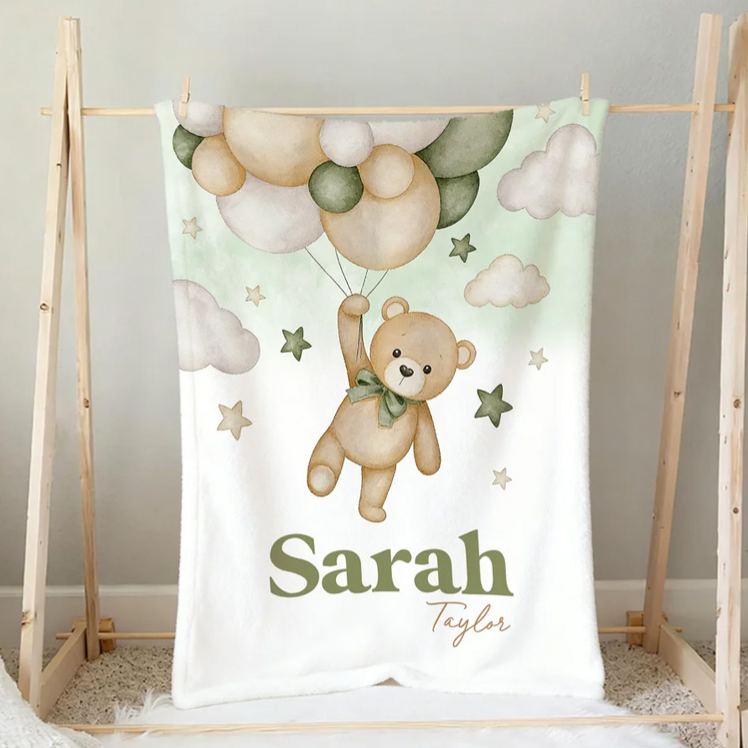Personalized Bear Balloon Soft Throw Blanket with Name Home Decor Birthday Baby Shower Gift for Newborns Kids