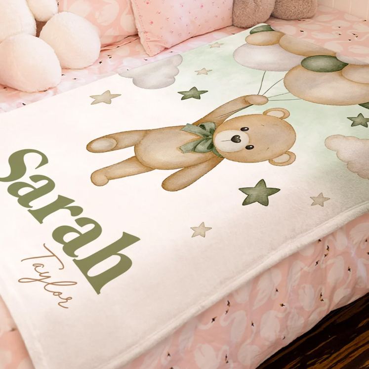 Personalized Bear Balloon Soft Throw Blanket with Name Home Decor Birthday Baby Shower Gift for Newborns Kids