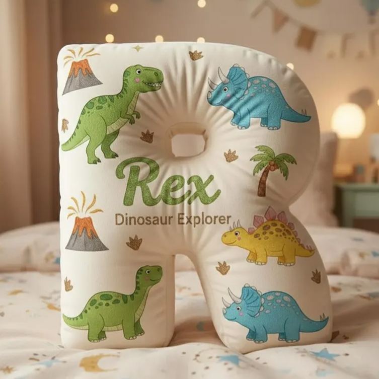 Personalized Dinosaur Theme Custom Name Alphabet Letter Cushion with Cute Dinos 3D Print Pillow