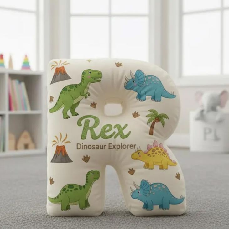 Personalized Dinosaur Theme Custom Name Alphabet Letter Cushion with Cute Dinos 3D Print Pillow