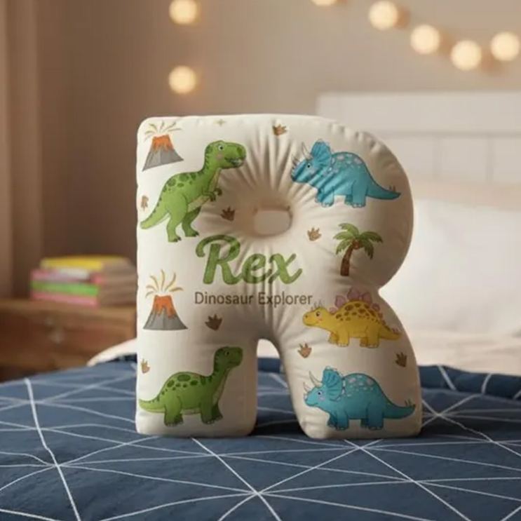 Personalized Dinosaur Theme Custom Name Alphabet Letter Cushion with Cute Dinos 3D Print Pillow