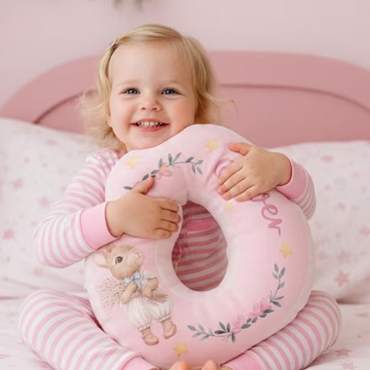 Personalized Nursery Theme Custom Name Soft Blue Letter Shape with Adorable Bunny 3D Print Pillow