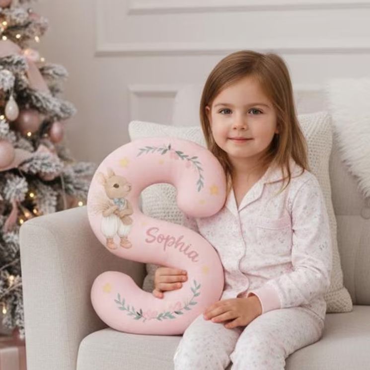 Personalized Nursery Theme Custom Name Soft Blue Letter Shape with Adorable Bunny 3D Print Pillow