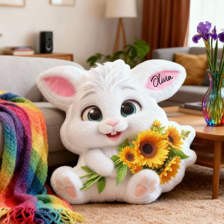 Personalized Bunny Theme Custom Name Cute White Rabbit Holding Sunflowers Soft 3D Print Pillow