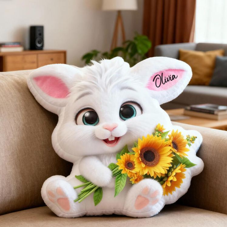Personalized Bunny Theme Custom Name Cute White Rabbit Holding Sunflowers Soft 3D Print Pillow