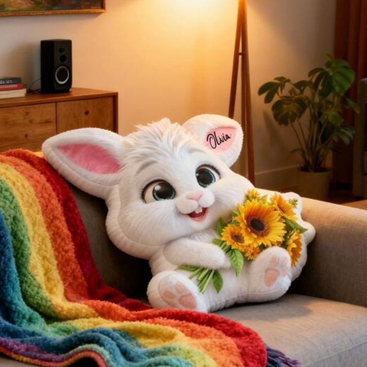Personalized Bunny Theme Custom Name Cute White Rabbit Holding Sunflowers Soft 3D Print Pillow