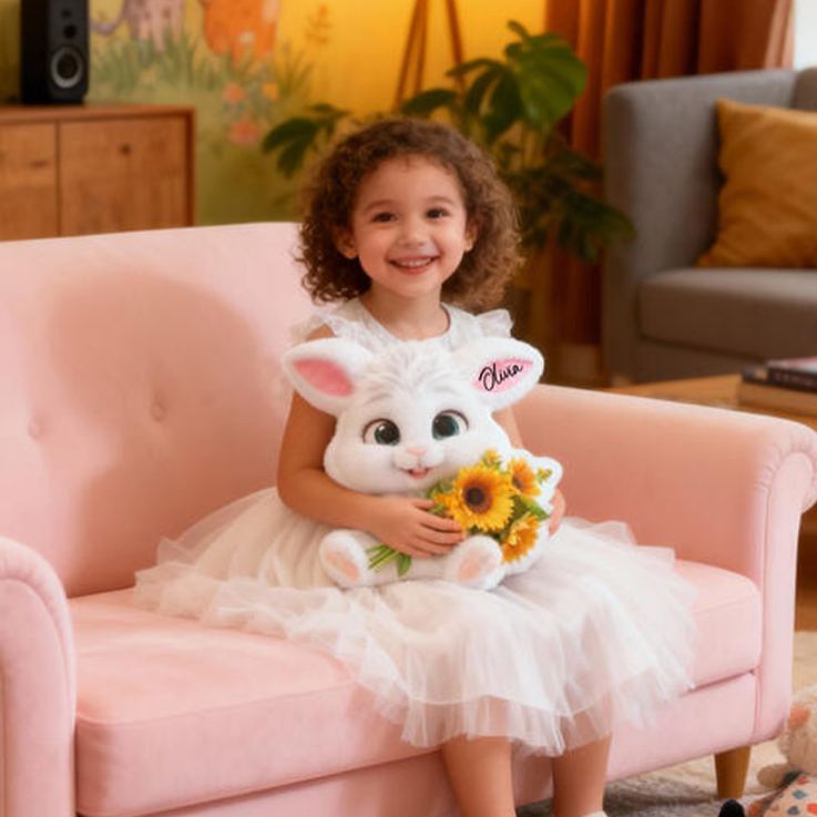 Personalized Bunny Theme Custom Name Cute White Rabbit Holding Sunflowers Soft 3D Print Pillow