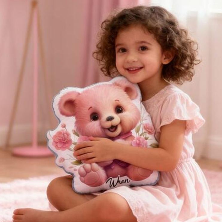 Personalized Nursery Decor Theme Custom Name Charming Pink Teddy with Floral Details 3D Print Pillow