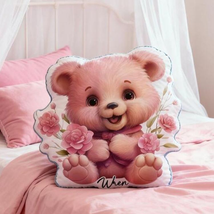 Personalized Nursery Decor Theme Custom Name Charming Pink Teddy with Floral Details 3D Print Pillow