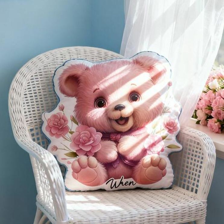 Personalized Nursery Decor Theme Custom Name Charming Pink Teddy with Floral Details 3D Print Pillow