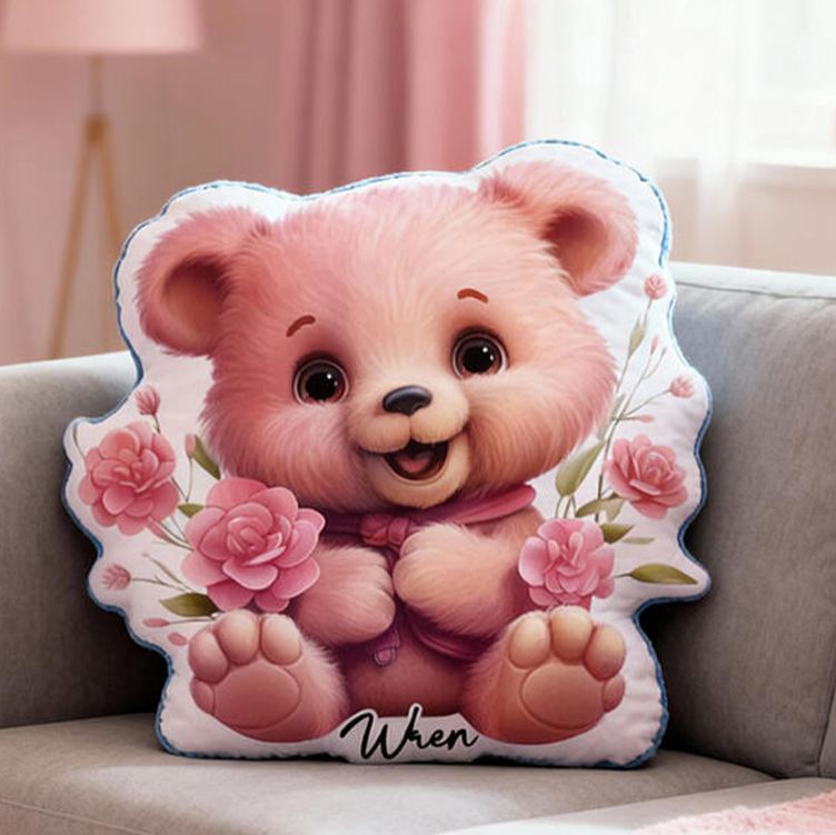 Personalized Nursery Decor Theme Custom Name Charming Pink Teddy with Floral Details 3D Print Pillow