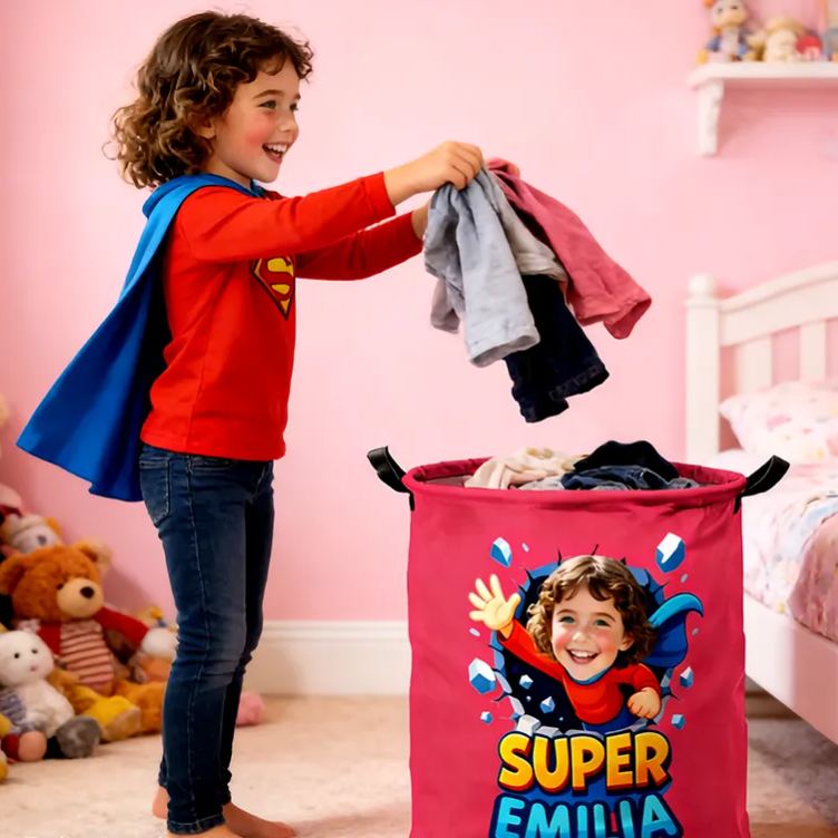 Personalized Fun Kids Laundry Basket with Handles Custom Photo and Name Embroidery Ideal Kids Gift