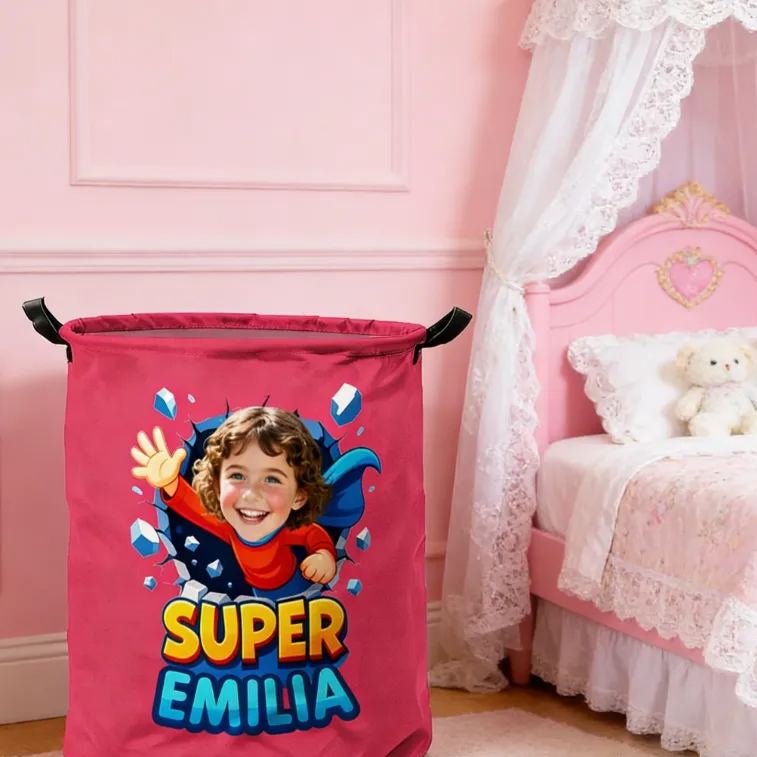 Personalized Fun Kids Laundry Basket with Handles Custom Photo and Name Embroidery Ideal Kids Gift