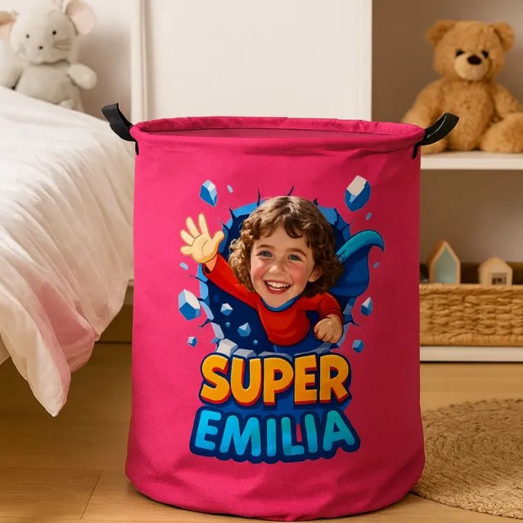 Personalized Fun Kids Laundry Basket with Handles Custom Photo and Name Embroidery Ideal Kids Gift