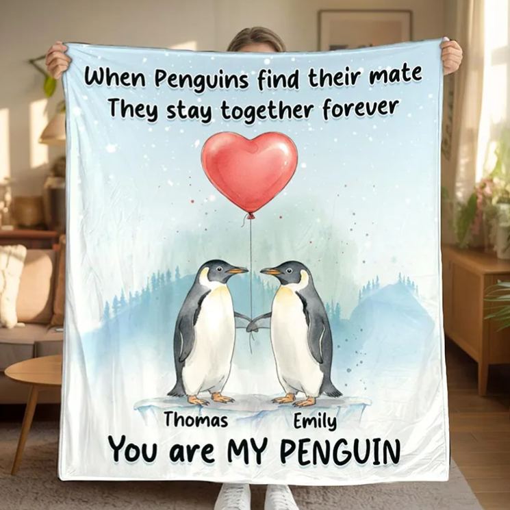Personalized You Are My Penguin Couple Blanket Custom Names Cozy Gifts for Couple for Wife Husband Valentine's Gifts for Girlfriend Boyfriend
