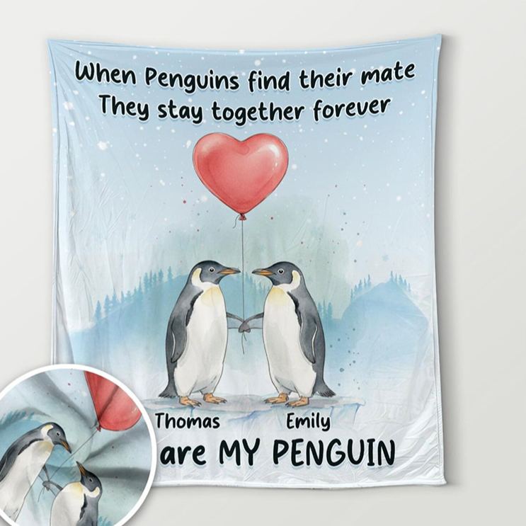 Personalized You Are My Penguin Couple Blanket Custom Names Cozy Gifts for Couple for Wife Husband Valentine's Gifts for Girlfriend Boyfriend