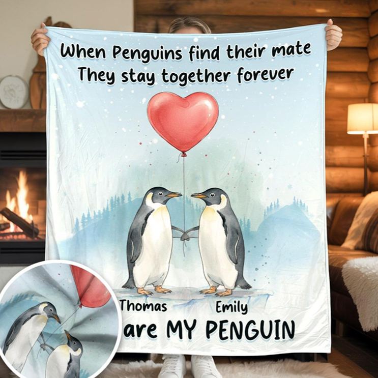 Personalized You Are My Penguin Couple Blanket Custom Names Cozy Gifts for Couple for Wife Husband Valentine's Gifts for Girlfriend Boyfriend