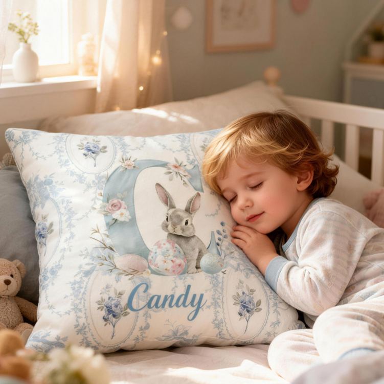 Personalized Bunny Theme Custom Name Soft Blue Floral Rabbit Pattern Baby Nursery 3D Print Pillow