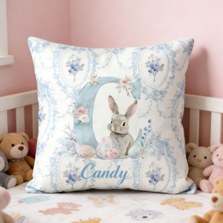 Personalized Bunny Theme Custom Name Soft Blue Floral Rabbit Pattern Baby Nursery 3D Print Pillow
