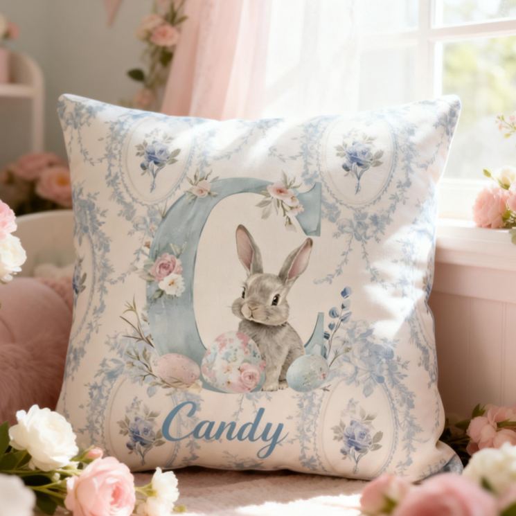 Personalized Bunny Theme Custom Name Soft Blue Floral Rabbit Pattern Baby Nursery 3D Print Pillow
