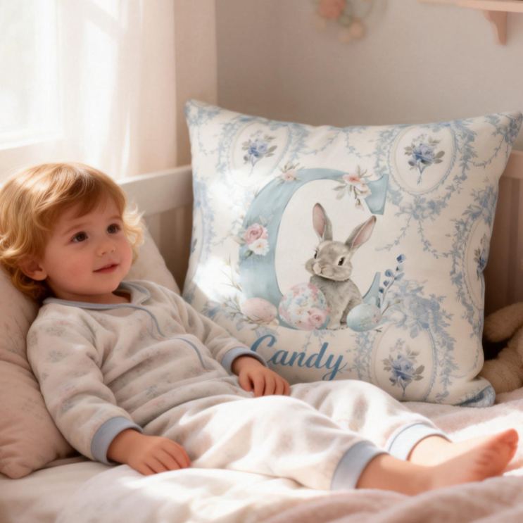 Personalized Bunny Theme Custom Name Soft Blue Floral Rabbit Pattern Baby Nursery 3D Print Pillow