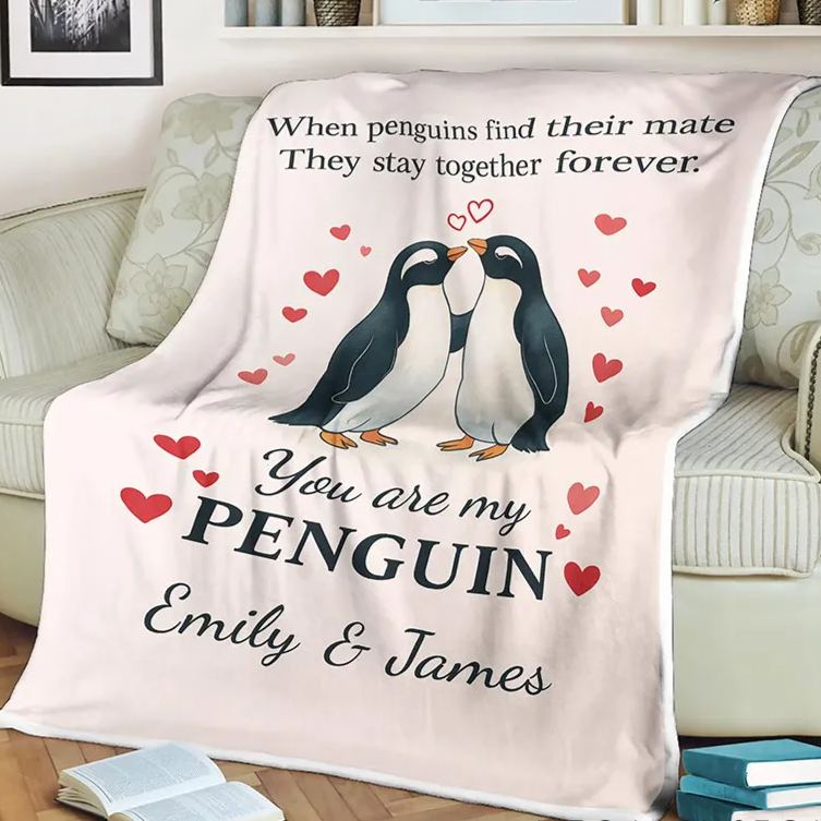 Personalized You Are My Penguin Couple Blanket Custom Names Cozy Gifts for Couple for Wife Husband Valentine's Gifts for Girlfriend Boyfriend