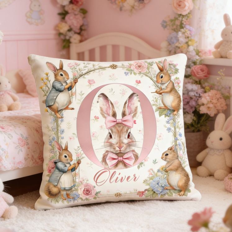 Personalized Bunny Theme Custom Name Cute Vintage Rabbit and Flower Pattern Nursery 3D Print Pillow