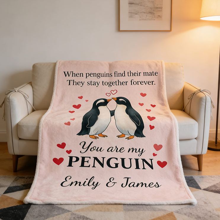 Personalized You Are My Penguin Couple Blanket Custom Names Cozy Gifts for Couple for Wife Husband Valentine's Gifts for Girlfriend Boyfriend