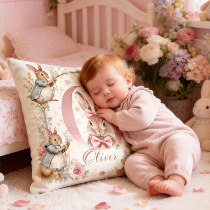 Personalized Bunny Theme Custom Name Cute Vintage Rabbit and Flower Pattern Nursery 3D Print Pillow