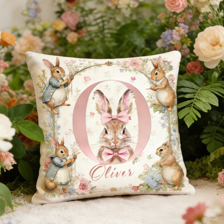 Personalized Bunny Theme Custom Name Cute Vintage Rabbit and Flower Pattern Nursery 3D Print Pillow