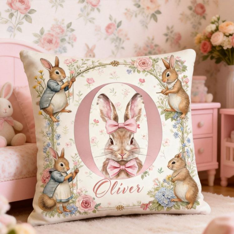 Personalized Bunny Theme Custom Name Cute Vintage Rabbit and Flower Pattern Nursery 3D Print Pillow